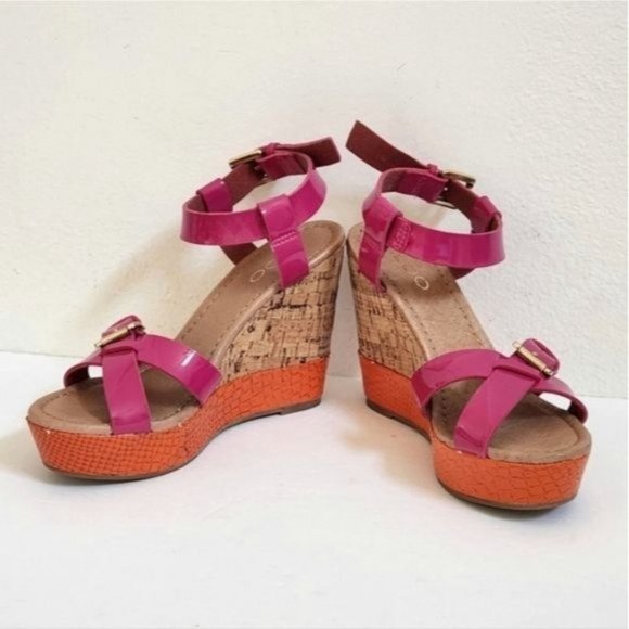Aldo Espadrille Patent Fuchsia Orange Wedge Sandal - Picture 3 of 12